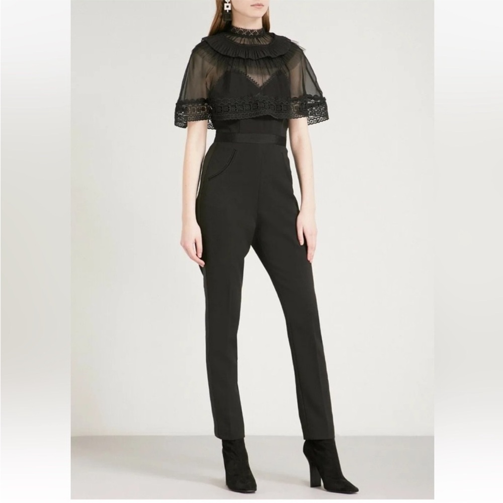 Self-Portrait Black Straight-Leg High-Waist Jumpsuit with Sheer Lace Cape
